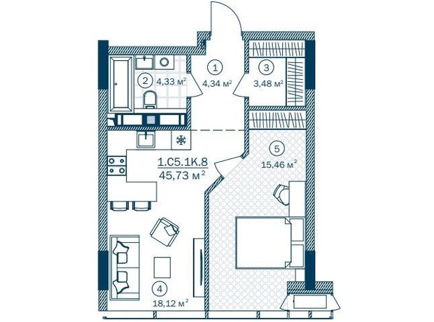 ЖК Rusaniv Residence: планировка 1-комнатной квартиры 45.73 м²