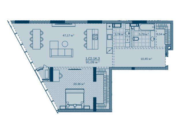 ЖК Rusaniv Residence: планировка 1-комнатной квартиры 91.09 м²