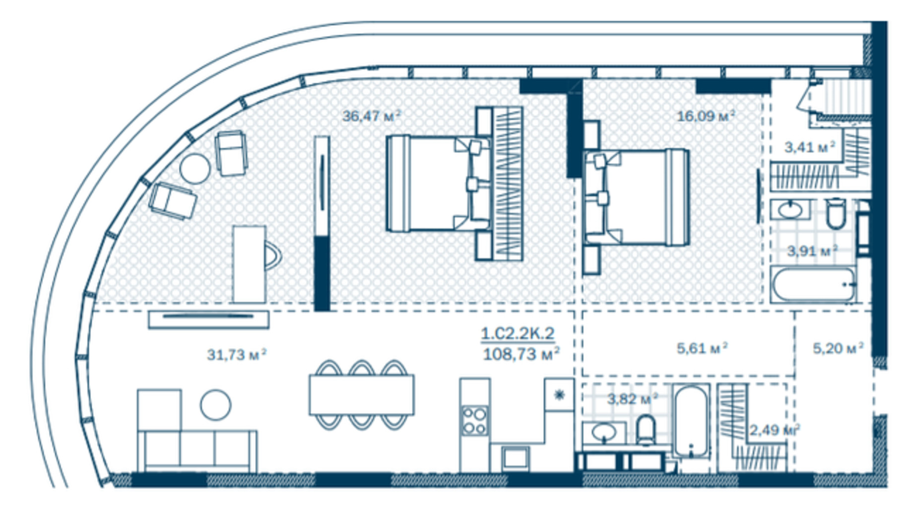 Планировка 2-комнатной квартиры в ЖК Rusaniv Residence 108.73 м², фото 460018