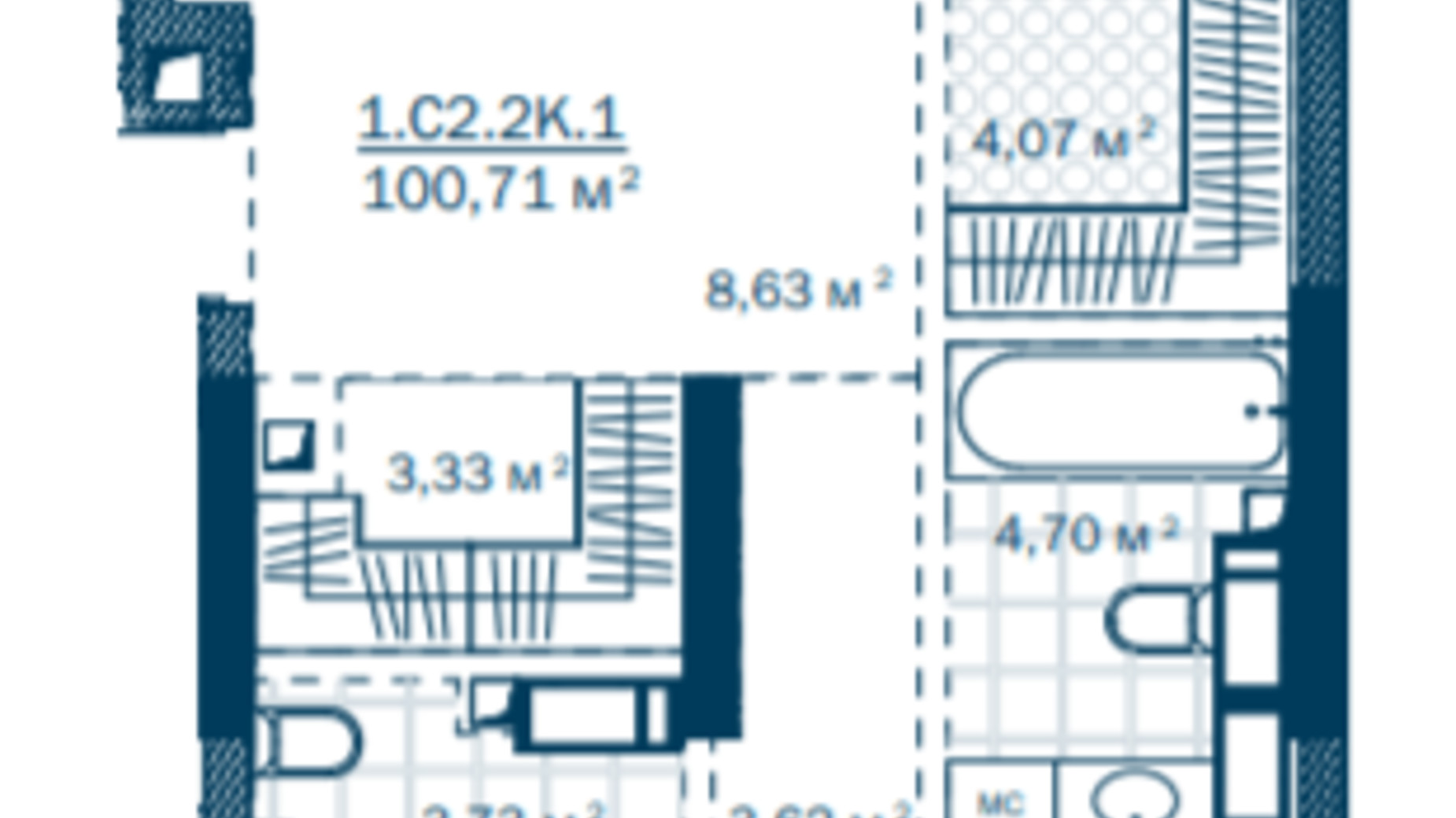 Планування 2-кімнатної квартири в ЖК Rusaniv Residence 100.71 м², фото 460019