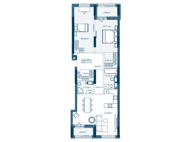 ЖК Rusaniv Residence: планування 2-кімнатної квартири 100.71 м²