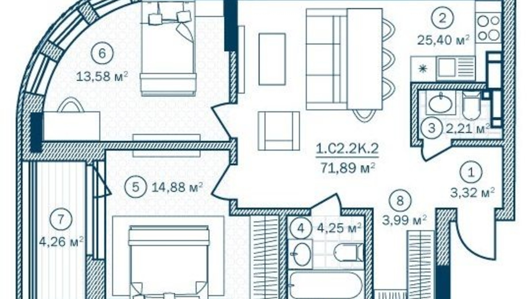 Планировка 2-комнатной квартиры в ЖК Rusaniv Residence 69.61 м², фото 460020