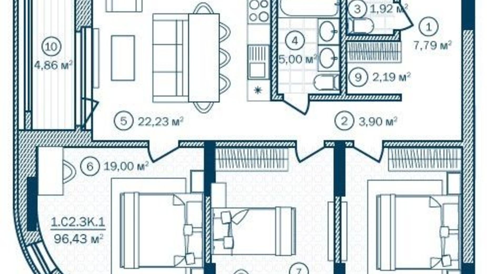 Планування 3-кімнатної квартири в ЖК Rusaniv Residence 96.74 м², фото 460022