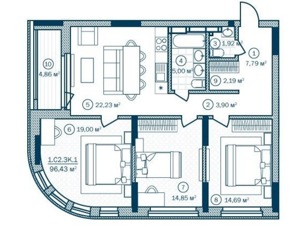 ЖК Rusaniv Residence: планировка 3-комнатной квартиры 96.74 м²