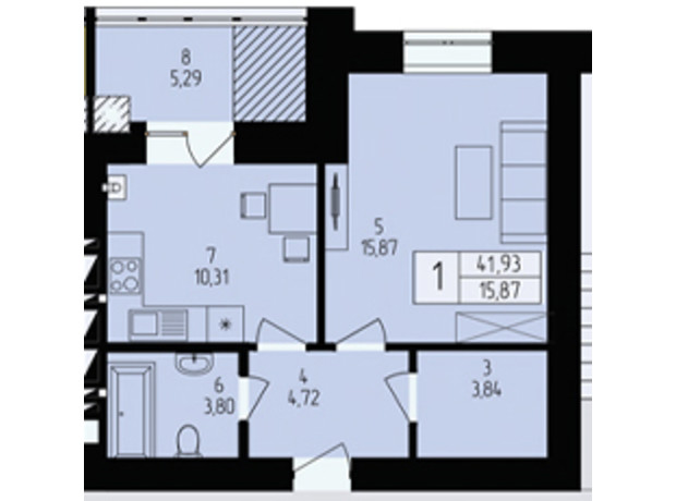 ЖК Европейский 5: планировка 1-комнатной квартиры 41.93 м²