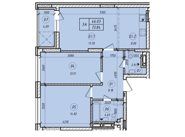 ЖК LookyanSky: планування 3-кімнатної квартири 73.84 м²