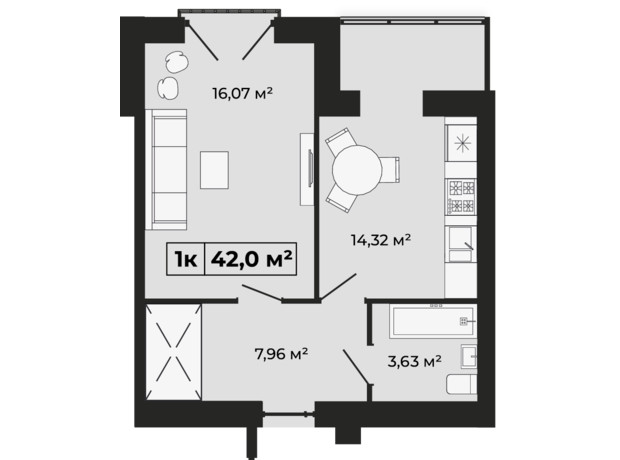 ЖК Містечко Мануфактура: планировка 1-комнатной квартиры 42 м²