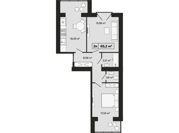 ЖК Містечко Мануфактура: планування 2-кімнатної квартири 65.2 м²