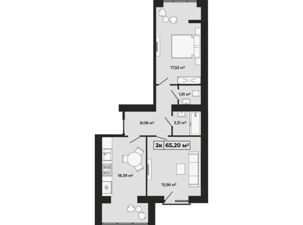 ЖК Містечко Мануфактура: планування 2-кімнатної квартири 65.2 м²