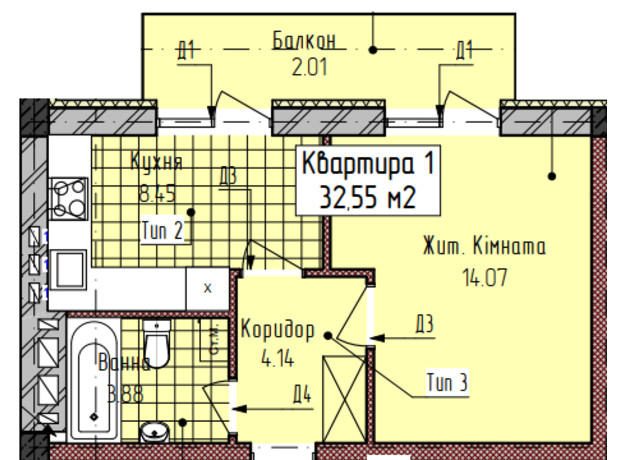 ЖК вул. Богомольця, 19: планування 1-кімнатної квартири 32.55 м²