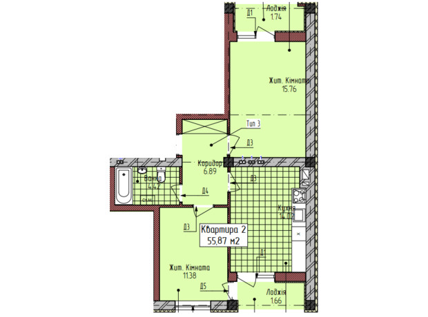 ЖК вул. Богомольця, 19: планування 2-кімнатної квартири 55.87 м²