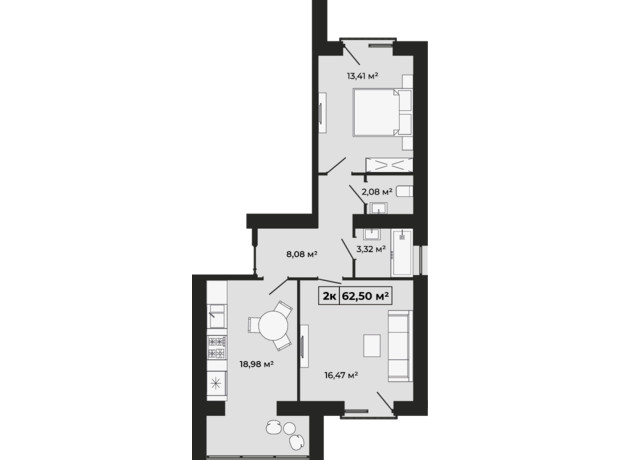 ЖК Містечко Мануфактура: планування 2-кімнатної квартири 62.5 м²