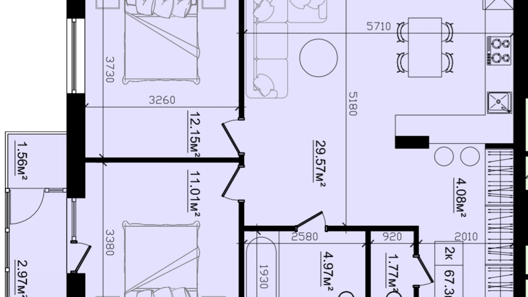 Планування 2-кімнатної квартири в ЖК Затишний 67.2 м², фото 462382