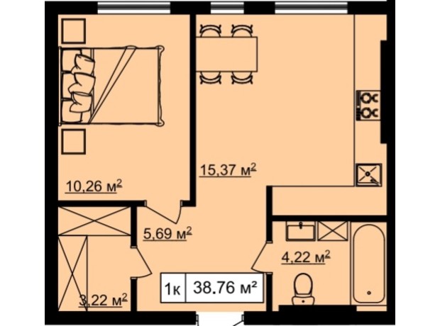 ЖК На Острозького: планування 1-кімнатної квартири 38.45 м²