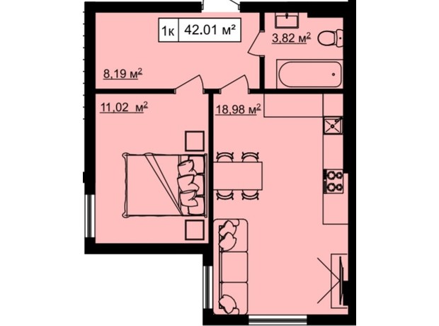 ЖК На Острозького: планування 1-кімнатної квартири 41.85 м²