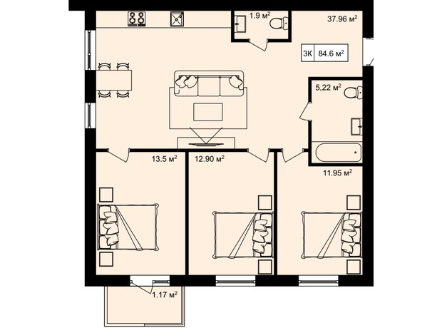 ЖК на Шпитальній: планування 3-кімнатної квартири 84.6 м²