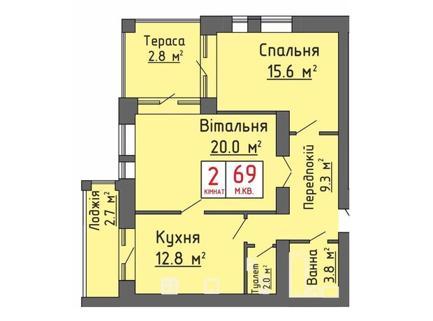ЖК Премьер: планировка 2-комнатной квартиры 69 м²