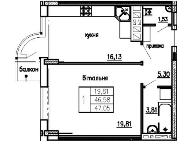 ЖК Загребелля: планировка 1-комнатной квартиры 47.05 м²