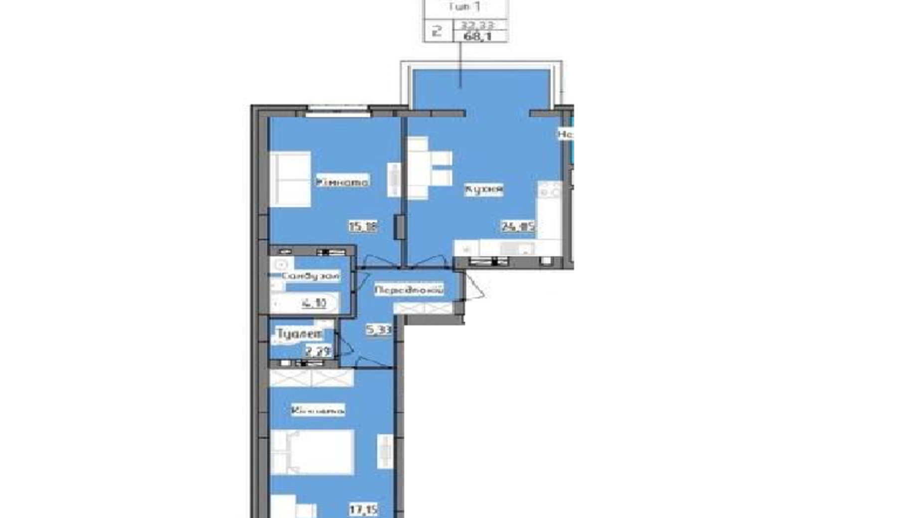 Планировка 2-комнатной квартиры в ЖК R2 residence 68.1 м², фото 463045