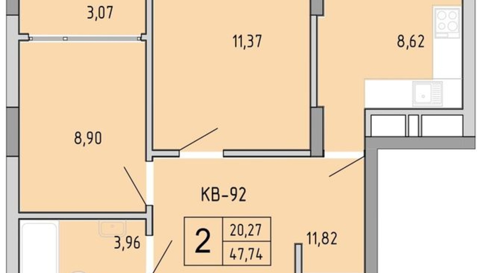 Планировка 2-комнатной квартиры в ЖК на Величковского 47.5 м², фото 463229