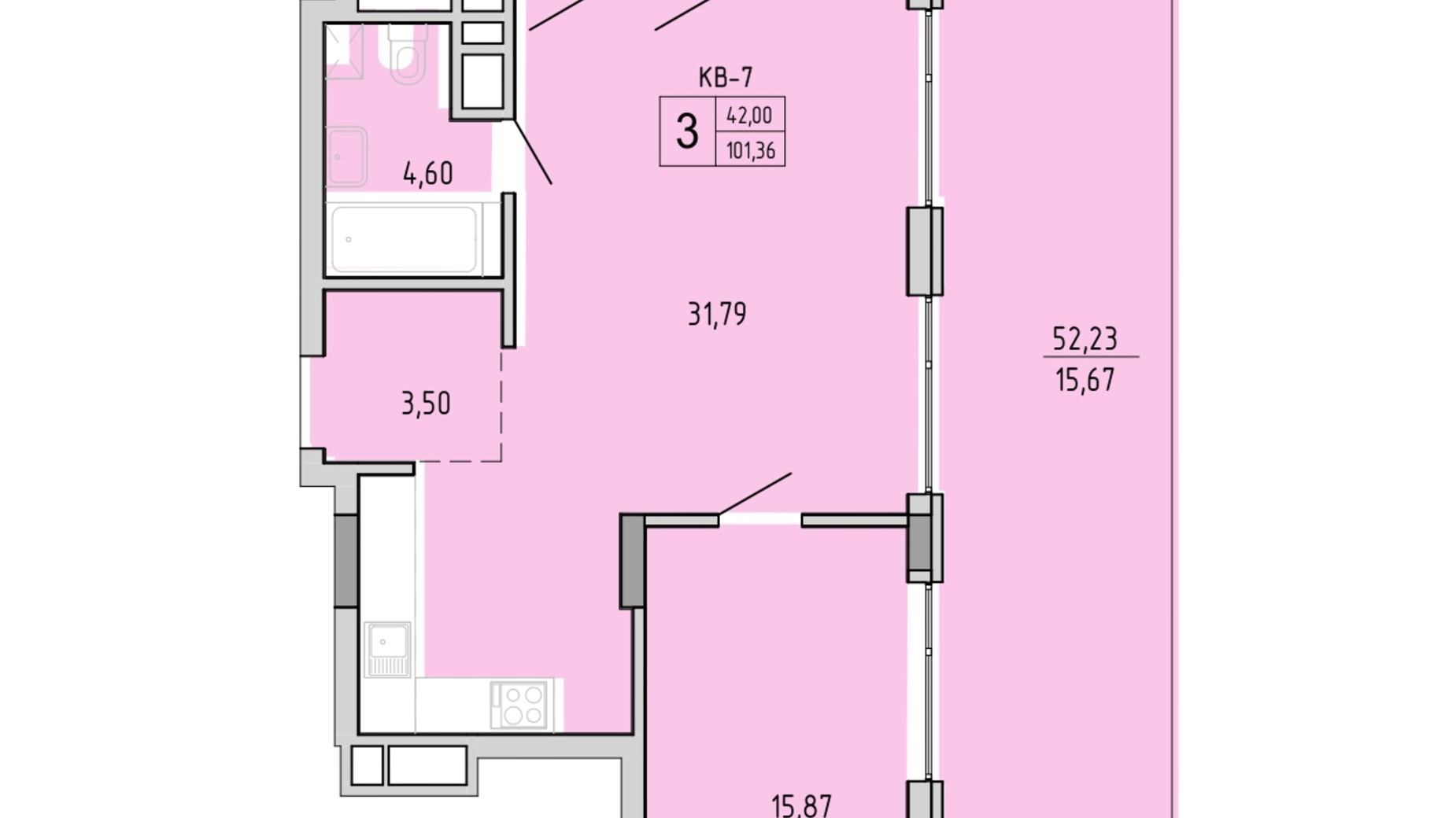 Планування 3-кімнатної квартири в ЖК на Величковського 101.36 м², фото 463234