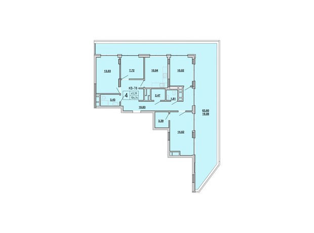 ЖК на Величковского: планировка 4-комнатной квартиры 106.34 м²