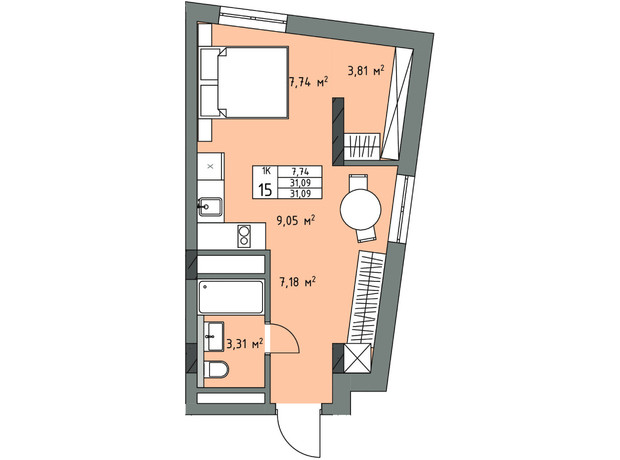 ЖК ул. Трускавецкая, 48: планировка 1-комнатной квартиры 31.09 м²