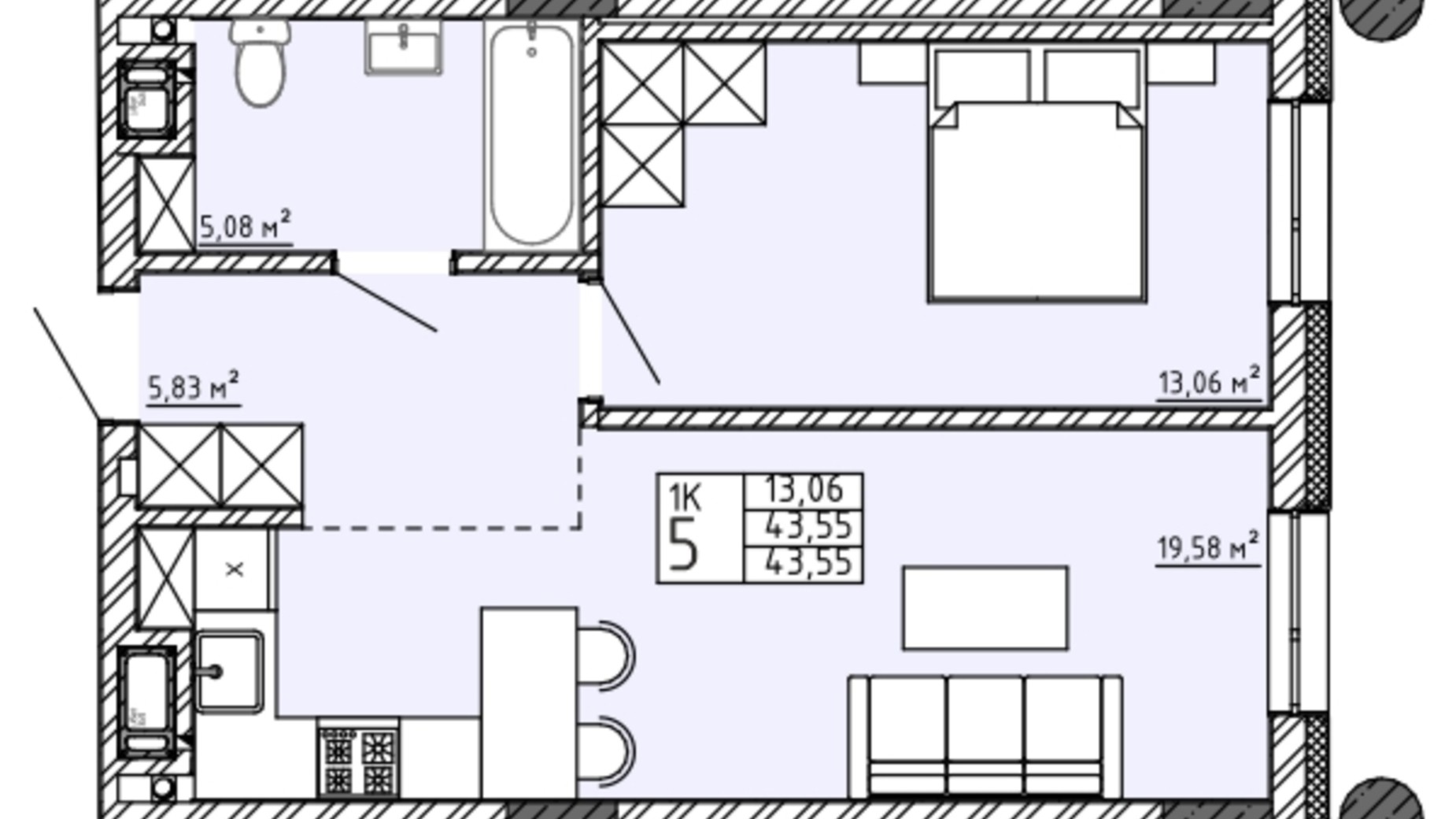 Планировка апартаментов в Апарт-комплекс Apart Hall 43.55 м², фото 463310