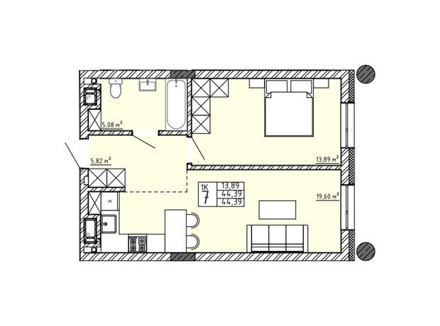 Апарт-комплекс APART HALL: планування 1-кімнатної квартири 44.39 м²