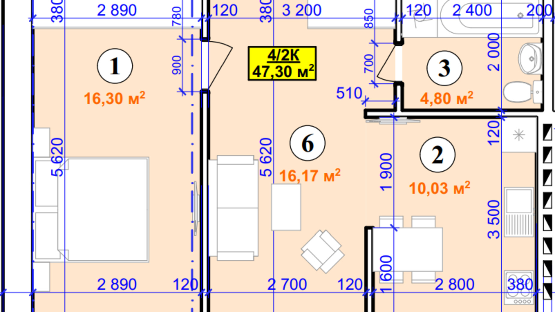 Планування 2-кімнатної квартири в ЖК Smart House 47.3 м², фото 464180