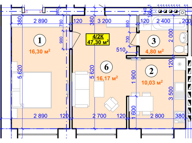 ЖК Smart House: планировка 2-комнатной квартиры 47.3 м²