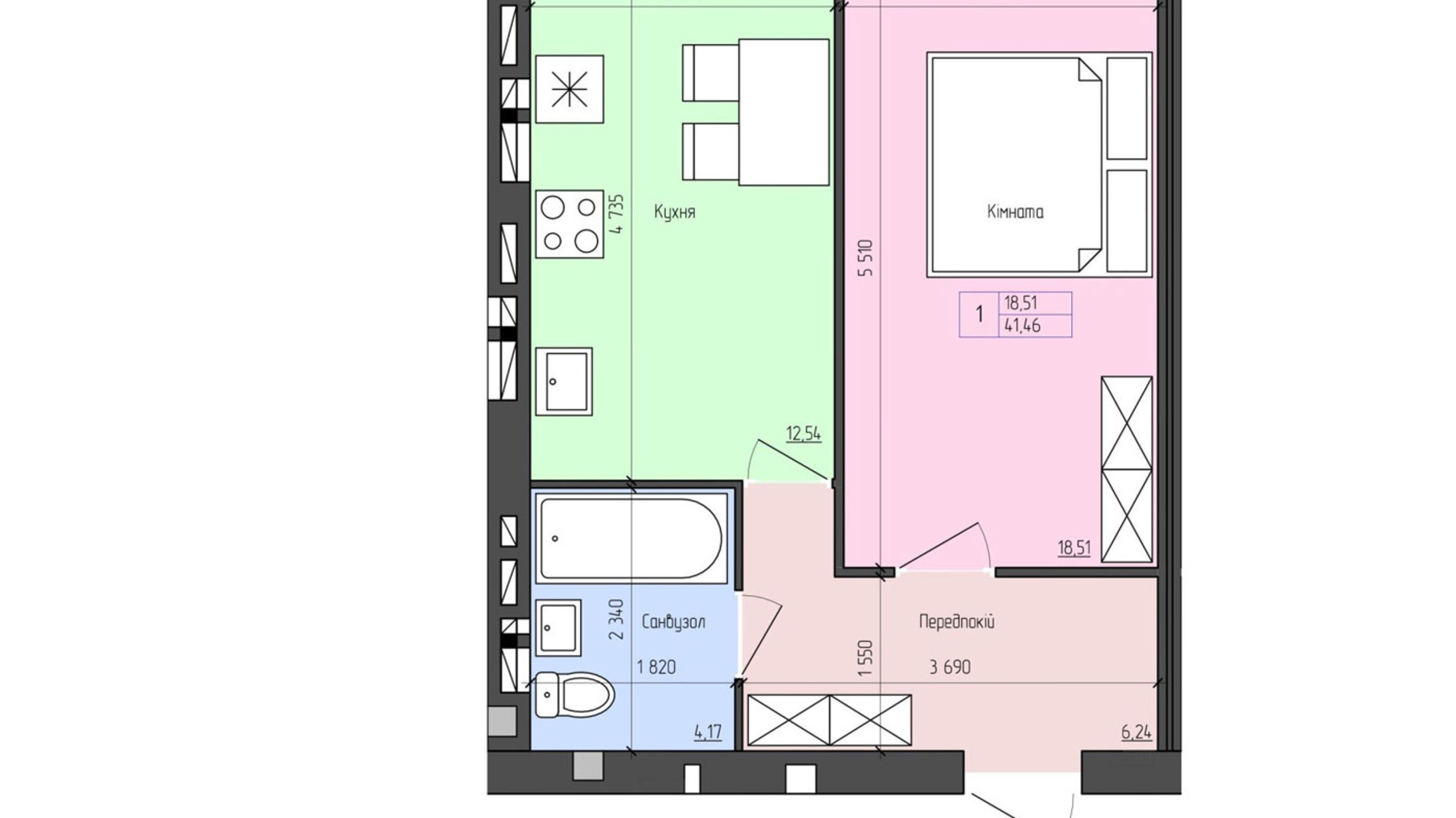 Планировка 1-комнатной квартиры в ЖК София 42.8 м², фото 464449