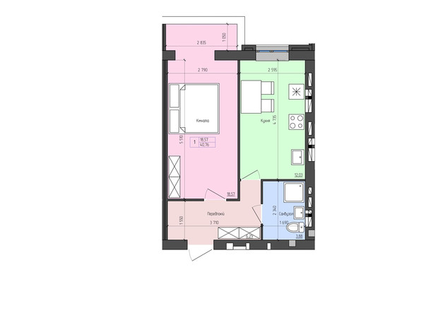 ЖК София: планировка 1-комнатной квартиры 41.9 м²