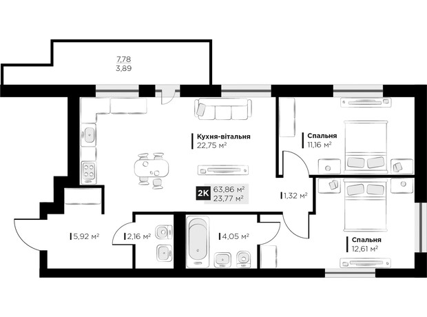 ЖК PERFECT LIFE: планування 2-кімнатної квартири 63.86 м²