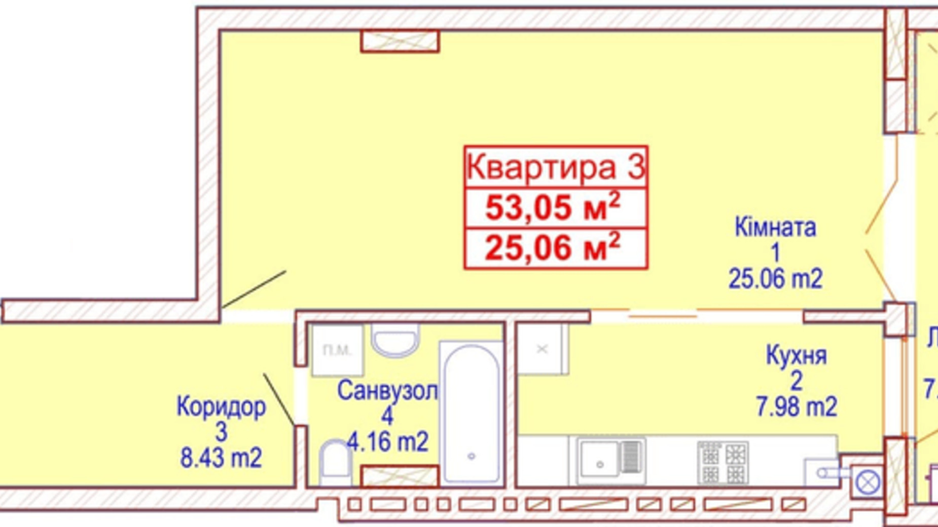 Планування 1-кімнатної квартири в ЖК Адамант 53.05 м², фото 464557