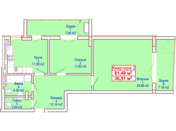 ЖК Адамант: планировка 2-комнатной квартиры 81.49 м²