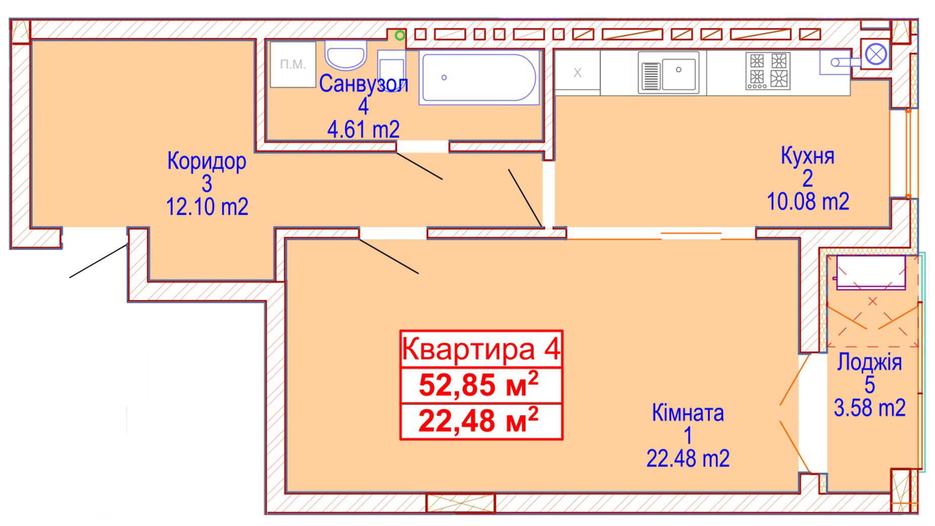 Планування 1-кімнатної квартири в ЖК Адамант 52.85 м², фото 464583