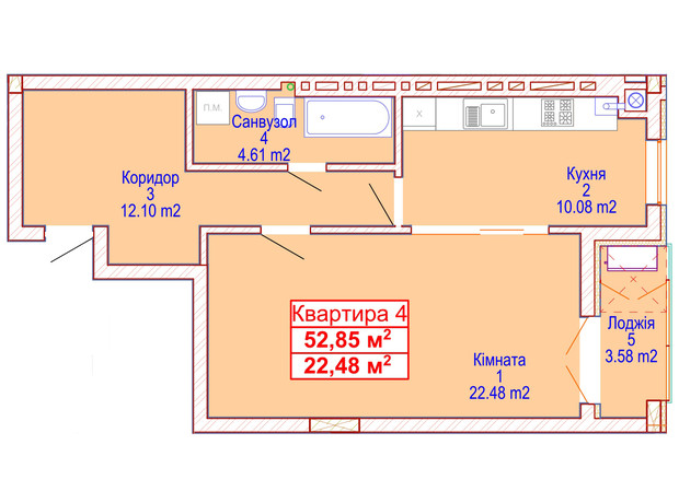 ЖК Адамант: планировка 1-комнатной квартиры 52.85 м²