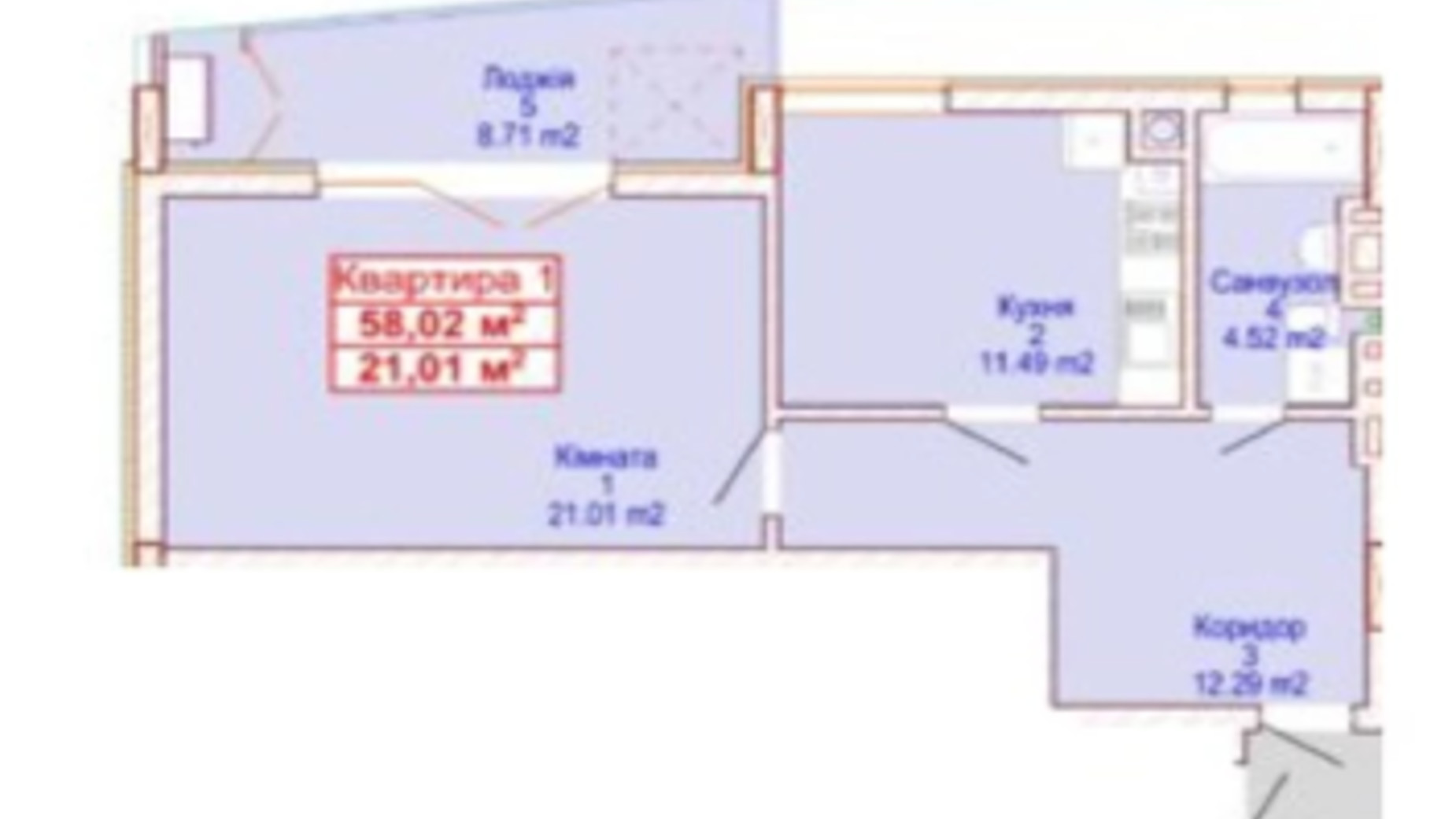 Планировка 1-комнатной квартиры в ЖК Адамант 58.02 м², фото 464594