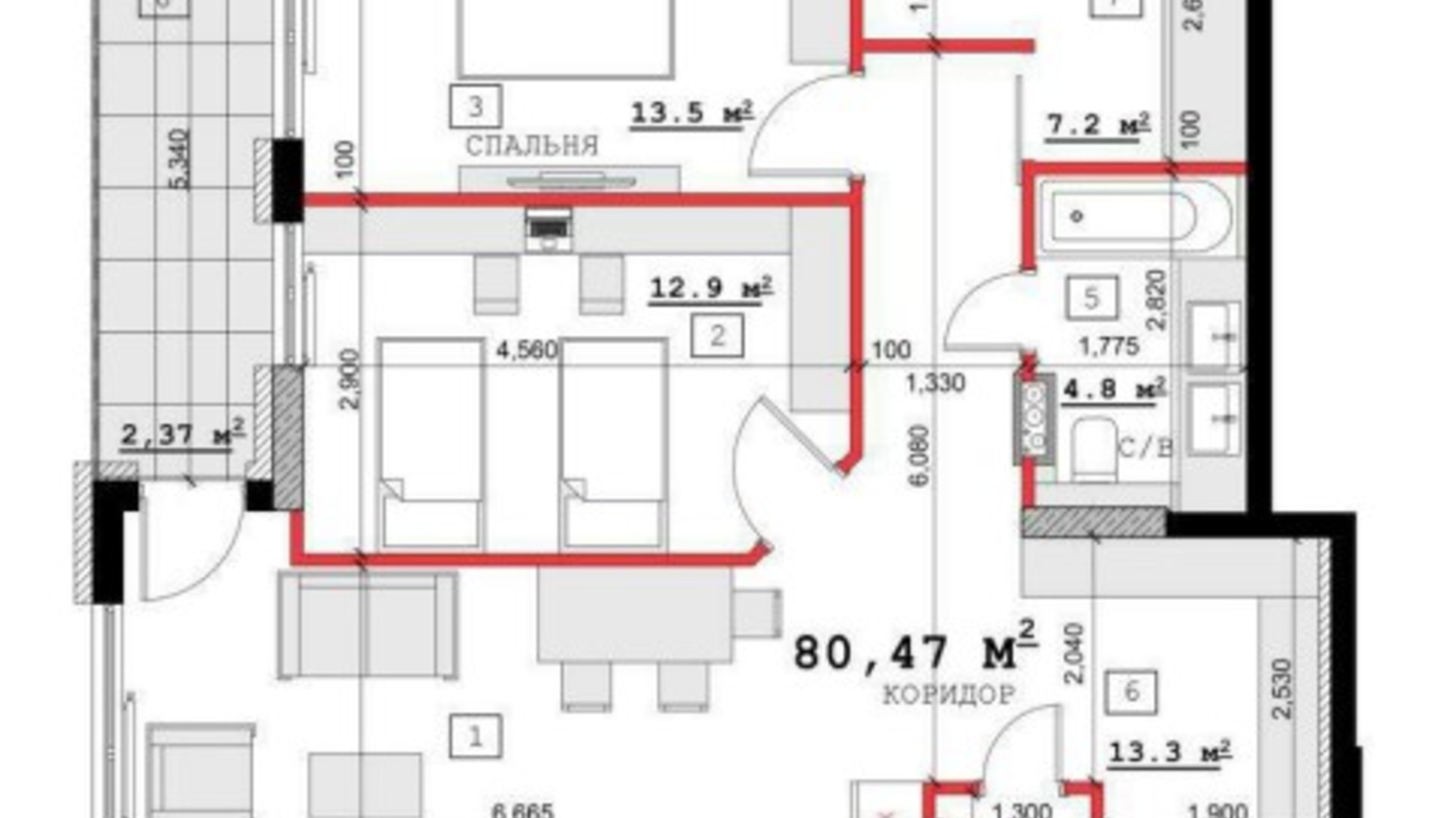 Планировка 2-комнатной квартиры в ЖК ул. Павла Скоропадского, 14, 16б,16в 84.2 м², фото 466661