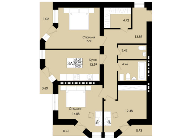 ЖК Французский дом: планировка 3-комнатной квартиры 86.95 м²