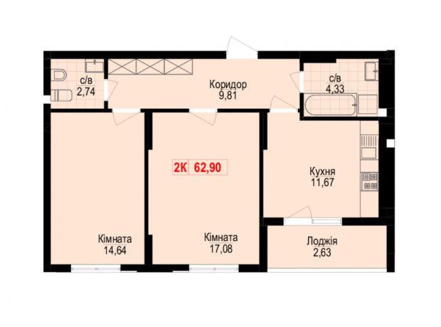 ЖК Цитадель-1: планировка 3-комнатной квартиры 62.9 м²