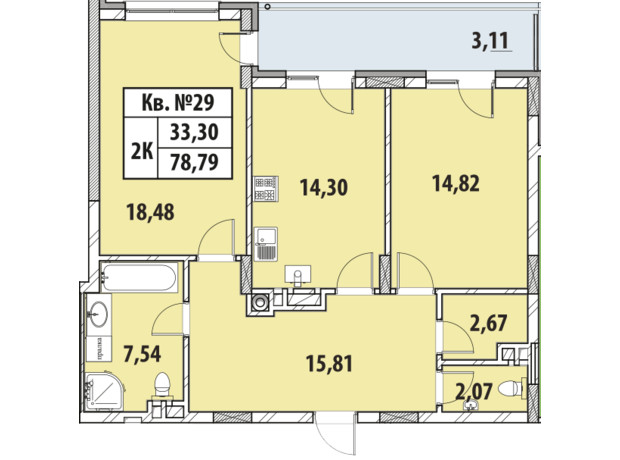 ЖК Гіацинт-Люкс: планування 2-кімнатної квартири 78.79 м²