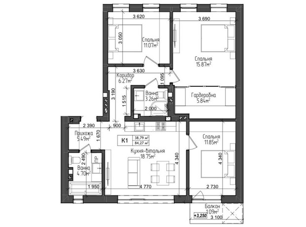 ЖК ул. Вербовая, 50: планировка 3-комнатной квартиры 84.27 м²