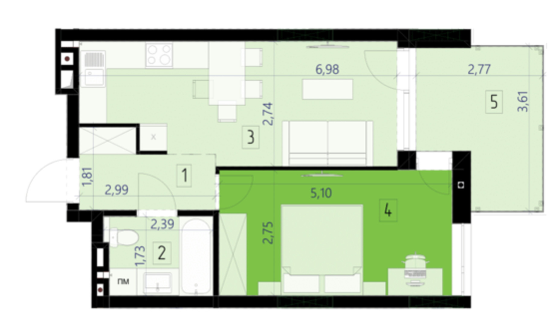 Планировка 1-комнатной квартиры в ЖК 111 Zelena 42.3 м², фото 469966