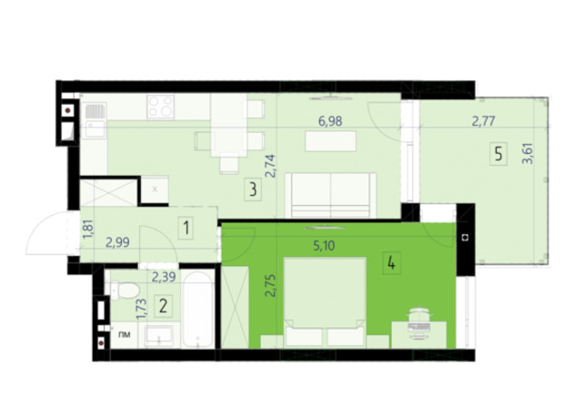 ЖК 111 Zelena: планировка 1-комнатной квартиры 42.3 м²