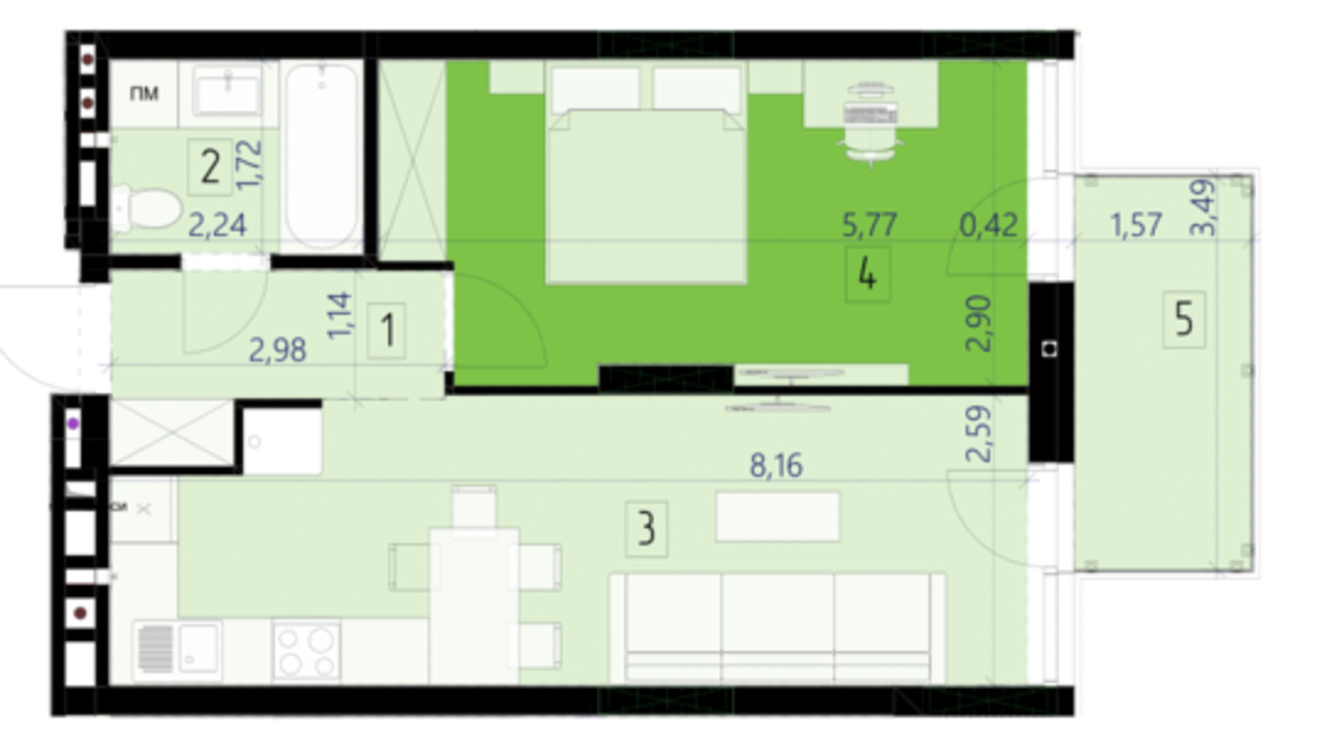 Планировка 1-комнатной квартиры в ЖК 111 Zelena 45.4 м², фото 469967