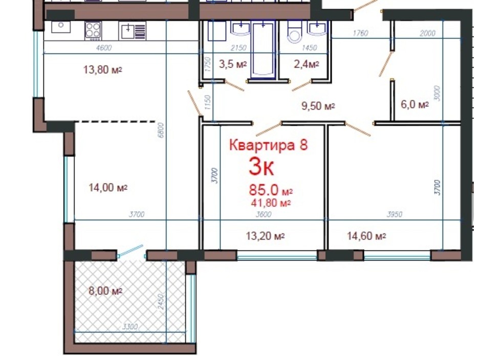 Планування 3-кімнатної квартири в ЖК Потьомкінський 85 м², фото 47074 Планування 3-кімнатної квартири в ЖК Потьомкінський 85 м², фото 47074
