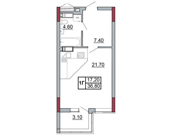 ЖК Onix: планування 1-кімнатної квартири 36.8 м²