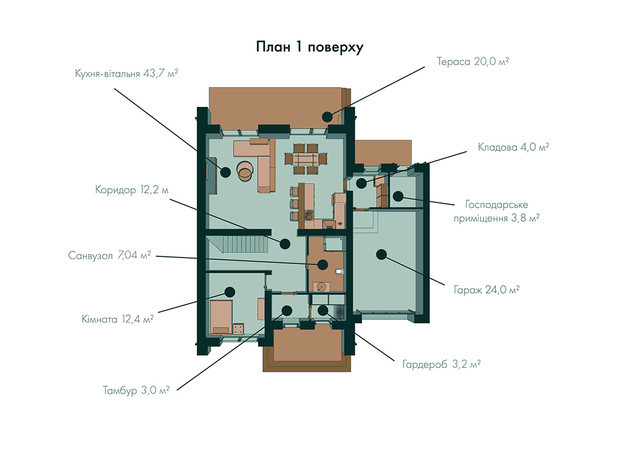 Таунхаус Green Wall: планировка 3-комнатной квартиры 235 м²